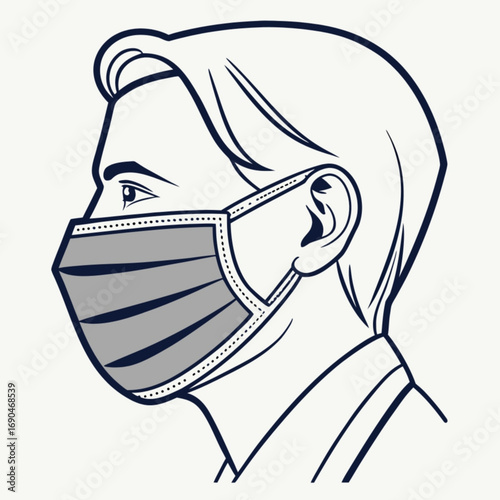 Minimilist illustration of a man wearing a gray medical face mask to protect against viruses and air pollution drawing vector