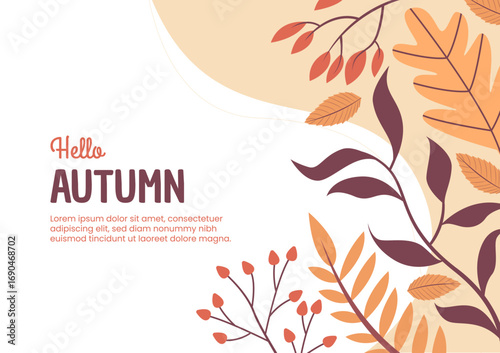 Autumn background with warm colors and falling leaves. Seasonal template for posts, greeting cards, banners, and posters. Minimalist botanical flat vector illustration.