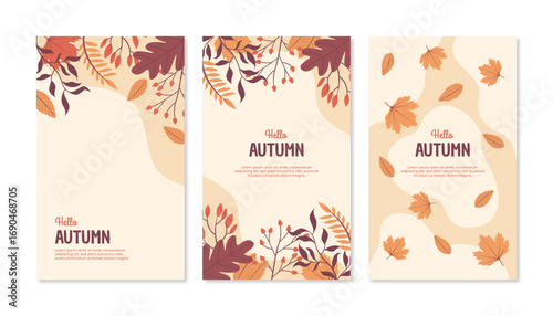Set of autumn backgrounds with bright beautiful leaves and plants. Seasonal package template for greeting cards, banners, and posters. Minimalist botanical illustration. Fall background