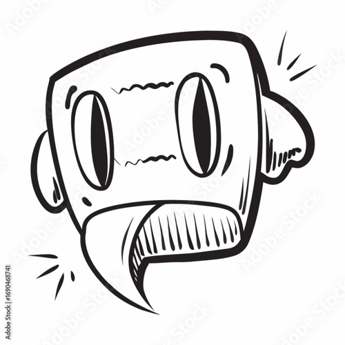 Minimilist cartoonish square head with large oval eyes and a long tongue sticking out in a black and white drawing vector