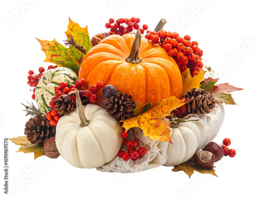 Photos A beautiful Thanksgiving centerpiece arrangement, isolated on a white background, a symbol of gratitude and fall celebrations