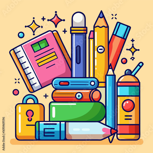 Cartoon school stationery and office building set