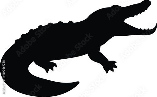 Silhouette Alligator on White Background with Mouth Open Showing Teeth