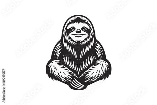 Silhouette of a Sitting Sloth with Detailed Fur on White Background