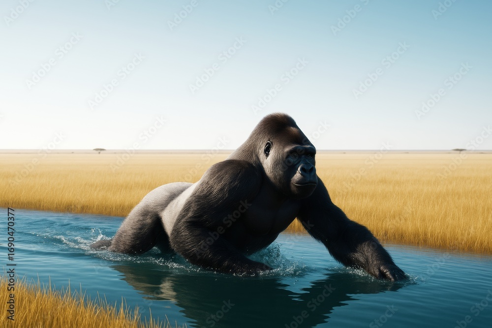 Fototapeta premium Majestic gorilla walking through shallow water in golden savanna under bright daylight with clear blue sky background concept of wild nature power. Ai generative