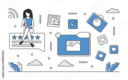 Modern blogger surrounded by social media icons, camera, photo folder, and rating elements in a blue monocolor style, isolated on white background vector illustration