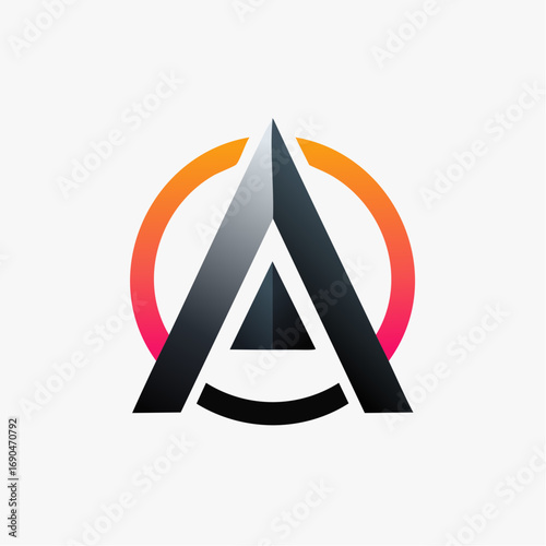 Modern geometric triangle logo with black lines and gradient orange red circle

