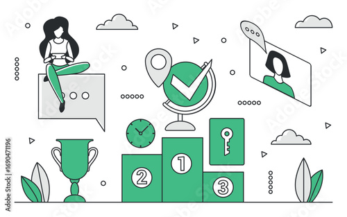 Business priorities visualized with podium, trophy, clock, communication, and teamwork icons in a modern green monocolor style, isolated on white background vector illustration