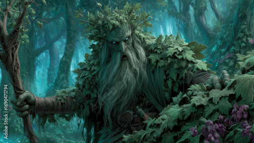 A druid channels the power of nature as corrupted forest spirits attack, vines and thorns erupting from the earth generative AI