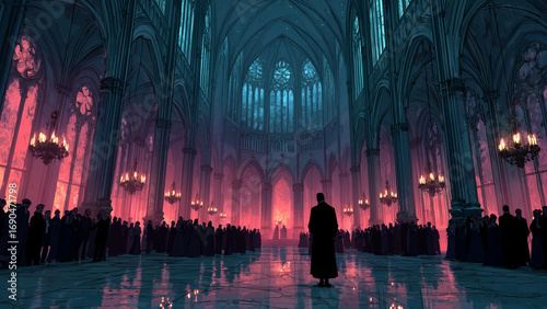 A vampire hunter stalks through a gothic mansion's ballroom as undead aristocrats waltz to phantom music generative AI