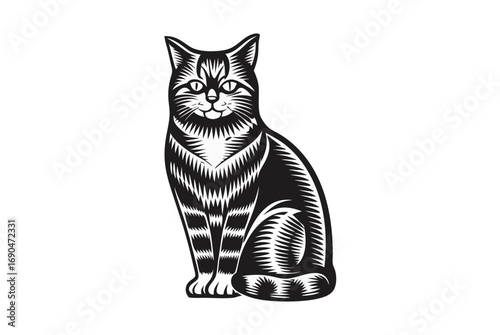 Stripped Cat Sitting Calmly on White Background Design