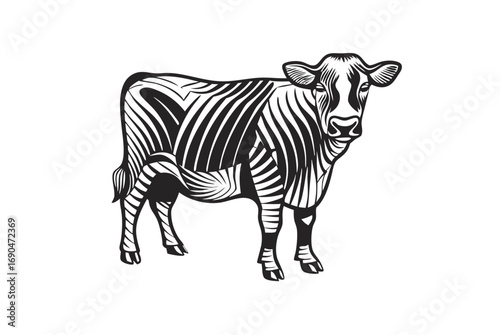 Stripped Cow Silhouette on White Background, Farm Animal Drawing