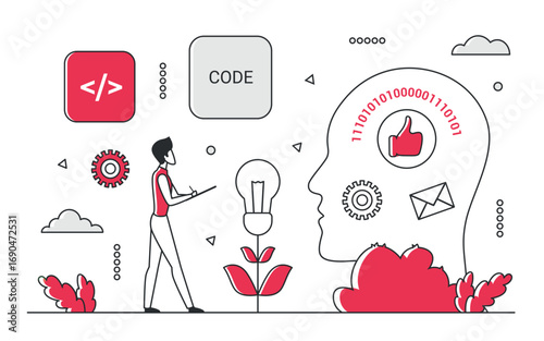 Modern red monocolor line art showing a developer, coding symbols, gears, and a human head with binary code, representing software development and programming process vector illustration