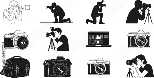Professional photographers using cameras, digital photography equipment, camera bag, photo shoot, photo editing laptop, photo session, photography tools, creative process