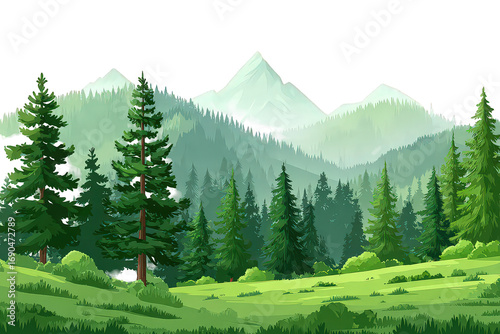 Mountain Landscape with Green Forest and Meadow