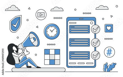 Woman with megaphone, checklist, smartphone, clock, and digital icons represent daily task planning, productivity, and organization in a blue monocolor style isolated vector illustration