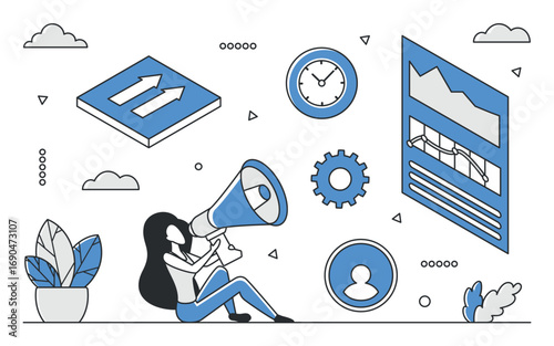 Woman with megaphone surrounded by analytics, charts, clock, and business icons, representing data expert communication and performance analysis, isolated on white background vector illustration