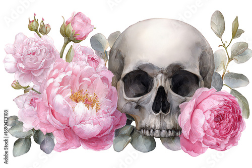Pink Roses and Human Skull Watercolor Artwork