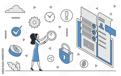 Businesswoman analyzing data with magnifying glass, surrounded by icons for research, security, checklist, and finance, blue monocolor style, isolated on white background vector illustration
