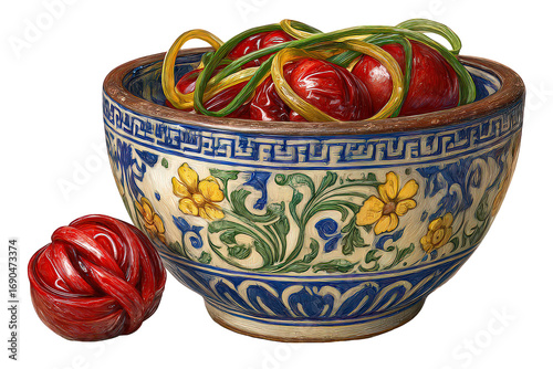 Red And Green Pasta In Ornate Blue And Yellow Bowl
