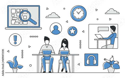 Team of developers working together with laptops, surrounded by digital icons, clock, and communication elements in blue monocolor style, isolated on white background vector illustration