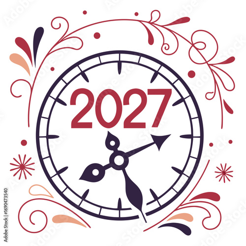 Festive clock face displaying the year 2027 surrounded by decorative floral swirls and confetti elements