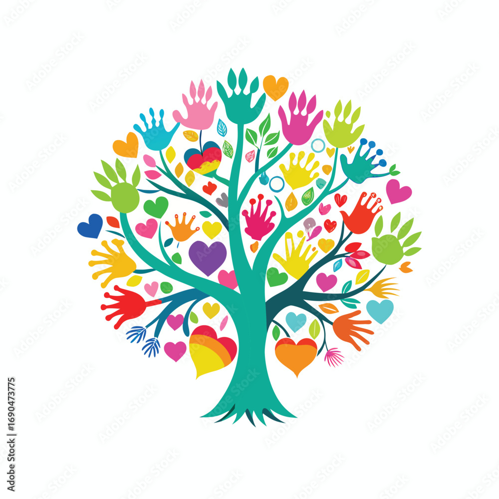 Fototapeta premium vector tree with colorful hands, vibrant tree with its leaves and branches formed by colorful handprints and hearts. 