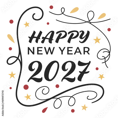 Happy new year 2027 elegant typographic design with festive decorative elements and golden stars scattered around