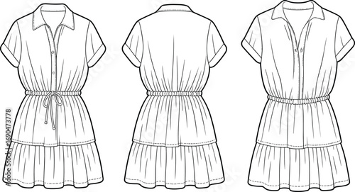 Women’s tiered mini dress, technical fashion flat, short sleeve design, drawstring waist detail, front back views, garment template, CAD drawing vector illustration
