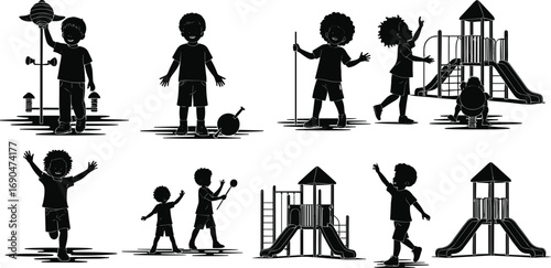 Silhouette children playing in playground, African American kids outdoor activity, happy childhood moments, park fun, slide, swing, playtime joy