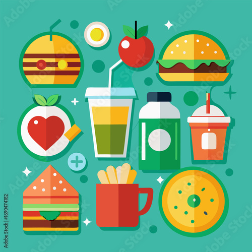 Fast food and drink icons set with burgers pizza sandwiches and beverages