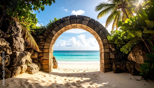 Fototapeta Naklejka Na Ścianę i Meble -  Stone archway frames a serene turquoise sea and white sand beach under a sunny sky. Lush greenery surrounds the arch, adding a tropical touch. The scene invokes a sense of escape and tranquility