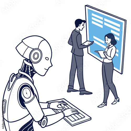Robot and humans collaborate on a digital display in a modern office setting with technology integration