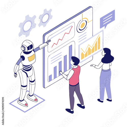 Robot and humans collaborate analyzing data charts and graphs on a futuristic digital screen