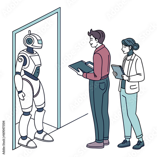 Two professionals with tablets observe a humanoid robot standing in a doorway symbolizing future technology and human interaction