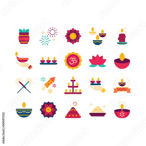 Set of Diwali festival icons, indian traditional