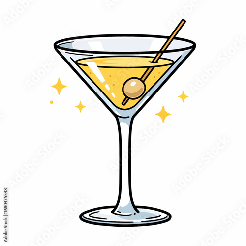 yellow cocktail in a martini glass with an olive on a stick