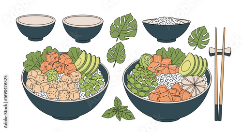 Hawaiian inspired salmon avocado rice bowls with fresh herbs and tropical leaves perfect for a healthy lunch meal