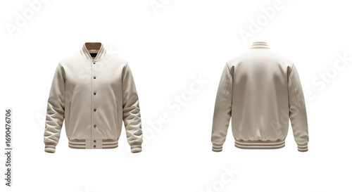 Front and back view of a beige varsity jacket isolated on transparent background