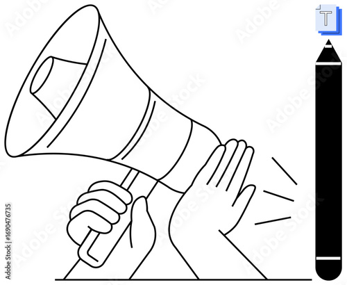 Hand pressing against a megaphone while sound waves emit, signifying expression control. Ideal for communication, social justice, activism, freedom, censorship, control, simple landing page