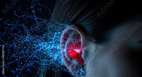 Artistic Depiction of Sound Waves Entering Human Ear with Glowing Blue Lines