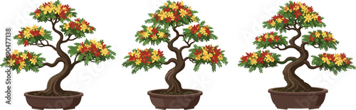 Autumn bonsai tree collection, red yellow green foliage, twisted trunk miniature plants, artistic Japanese gardening, seasonal decorative potted plants, nature art display