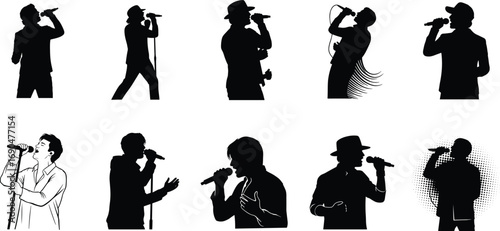 Silhouettes of male singers performing live with microphones, dynamic vocal poses, artistic black and white music performance illustrations.