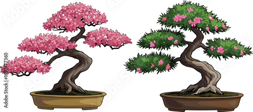 Bonsai tree with pink blossoms, flowering bonsai in ceramic pot, miniature tree art, Japanese garden plant, ornamental horticulture, spring floral display, nature decor