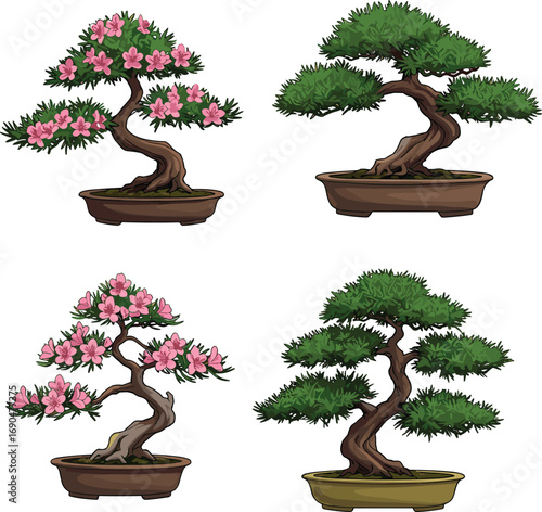 Bonsai tree collection with pink flowers and green foliage, twisted trunks, tiered branches, artistic pruning styles, shallow pots, Japanese miniature plant art
