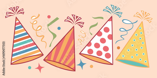 A vibrant vector celebration design with birthday party hats and streamers. Childish children kids design for celebration