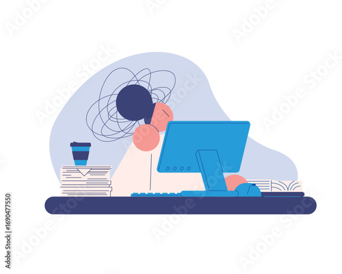 Overwhelmed Office Worker at Computer with Messy Workspace. woman in a state of stress. Simple shape style illustration.