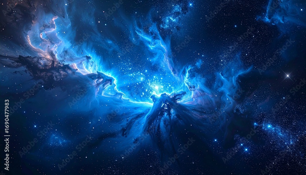 Fototapeta premium Cosmic nebula with glowing core and swirling blue clouds
