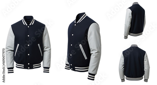 Set of three navy blue and light gray varsity jackets shown from different angles, isolated on transparent background