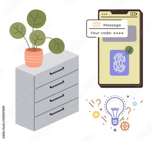 Mobile phone with fingerprint verification, code message, chest of drawers with plant, and lightbulb surrounded by gears and question marks. Ideal for security, technology, creativity, brainstorming